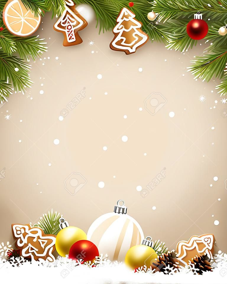 Рождественский шаблон с еловыми ветками, стеклянными шарами, традиционными украшениями и пряниками.