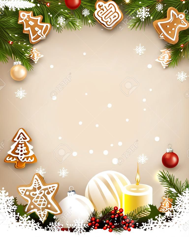 Christmas template with fir branches, glass baubles, traditional decorations and gingerbreads.
