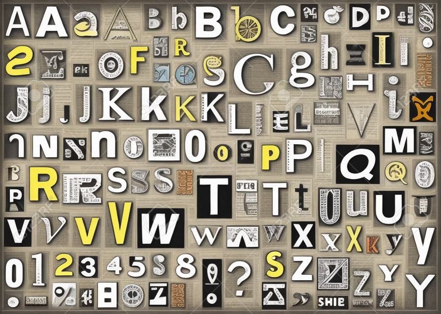 Alfabeto de periódico con letras, números y símbolos. Aislados en blanco