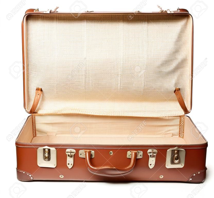 Leere Vintage offenen Koffer auf weißem Hintergrund
