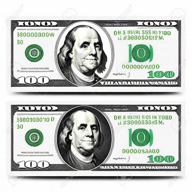 Modelo de design de nota de cem dólares. 100 notas de dólares, frente com e sem o presidente Franklin. Ilustração vetorial isolada no fundo branco