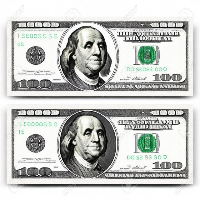 100ドルの紙幣設計テンプレート。100ドル紙幣、フランクリン大統領の有無にかかわらずフロントサイド。白い背景に分離されたベクターイラスト