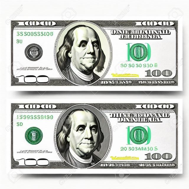 Szablon projektu 100 dolarów. Banknot 100 dolarów, strona przednia z prezydentem Franklinem i bez niego. Ilustracja wektorowa na białym tle