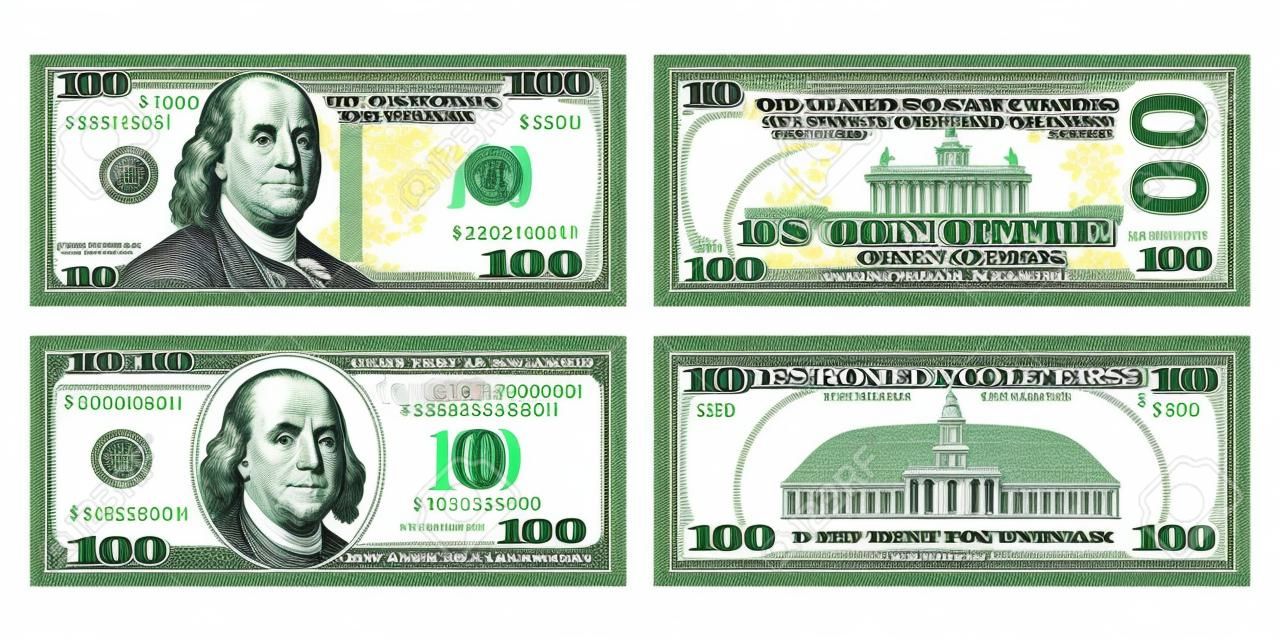 Hundertdollarscheine in neuem und altem Design von beiden Seiten. 100 US-Dollar-Banknote, von Vorder- und Rückseite. Vektorillustration von USD lokalisiert auf einem weißen Hintergrund