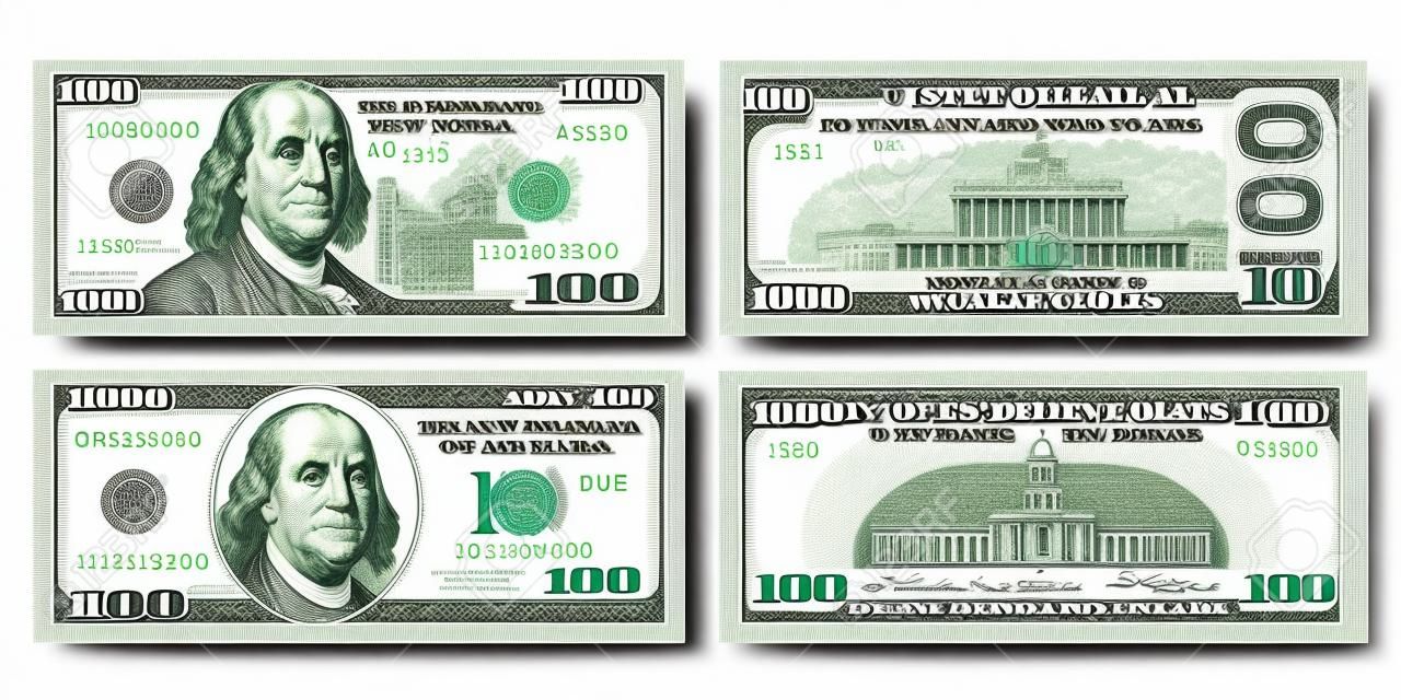 Banconote da cento dollari con design nuovo e vecchio da entrambi i lati. Banconota da 100 dollari USA, fronte e retro. Illustrazione vettoriale di USD isolato su sfondo bianco