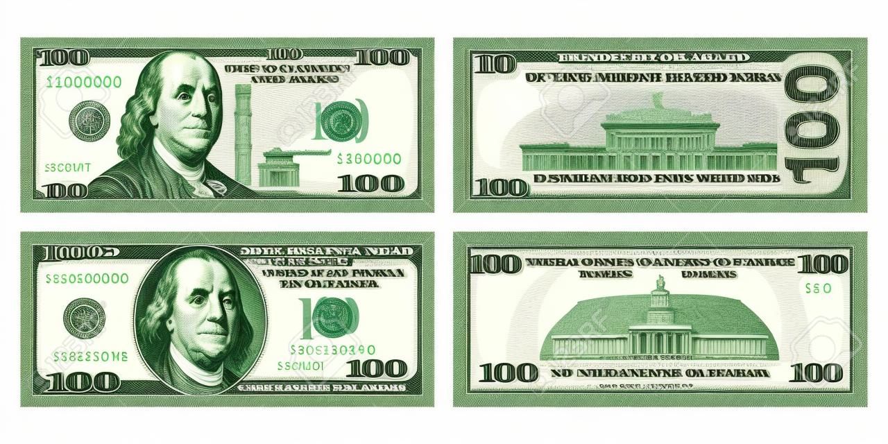 Banconote da cento dollari con design nuovo e vecchio da entrambi i lati. Banconota da 100 dollari USA, fronte e retro. Illustrazione vettoriale di USD isolato su sfondo bianco