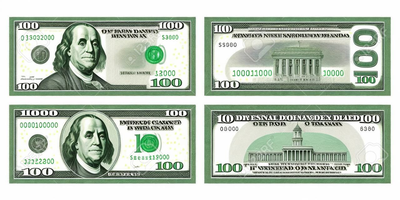 Hundred dollar bills in new and old design from both sides. 100 US dollars banknote, from front and reverse side. Vector illustration of USD isolated on a white background