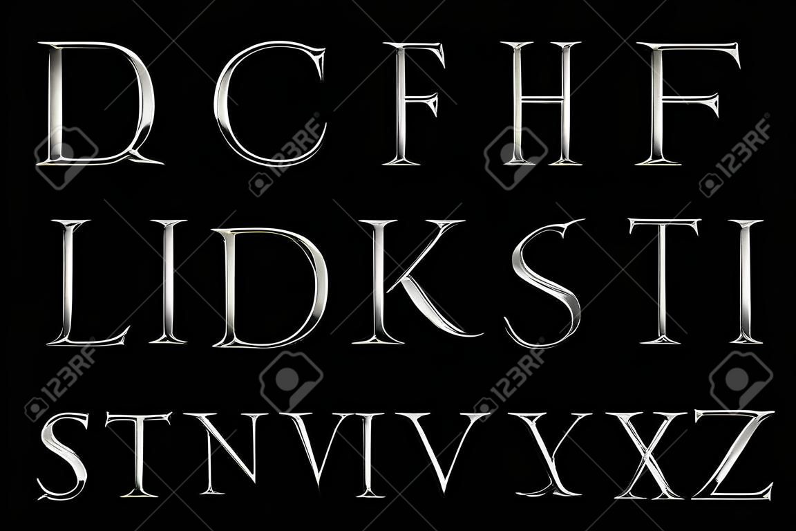 vintage font yellow silver metallic alphabet letters word text series symbol sign on black background, concept of luxury alphabet decoration text