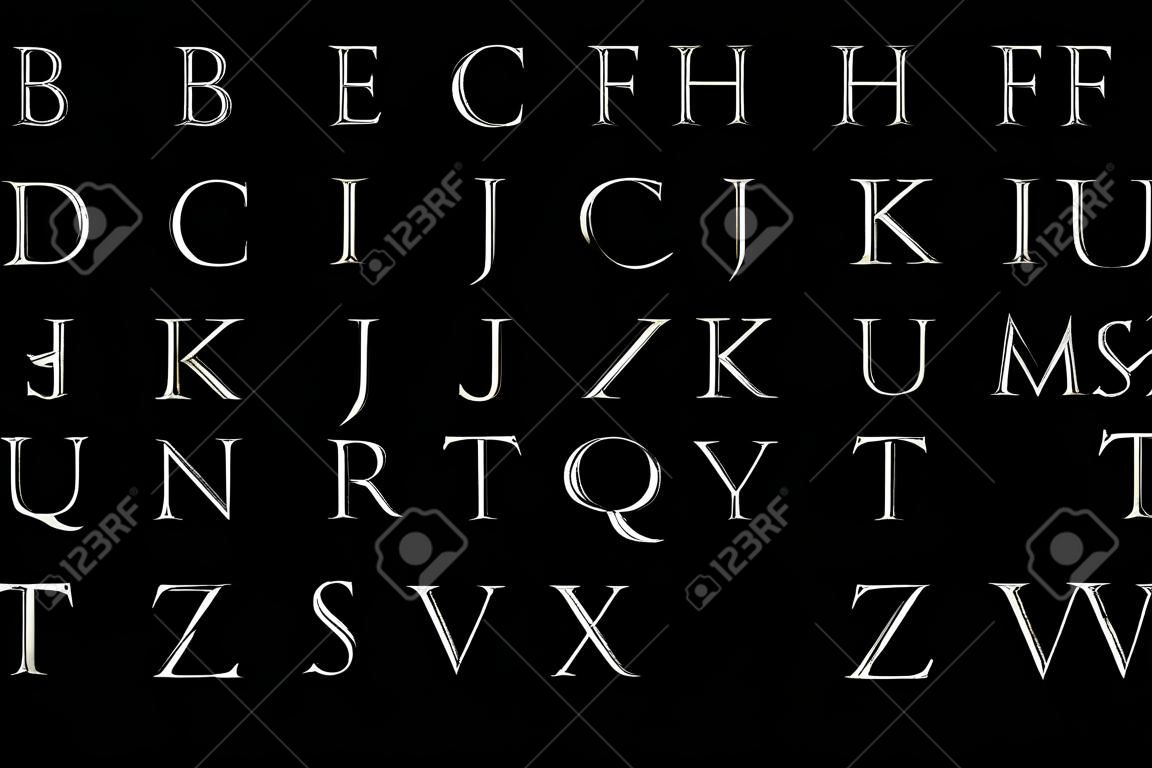 vintage czcionka żółte srebrne metalowe litery alfabetu słowo tekst seria symbol znak na czarnym tle, koncepcja luksusowego tekstu dekoracji alfabetu