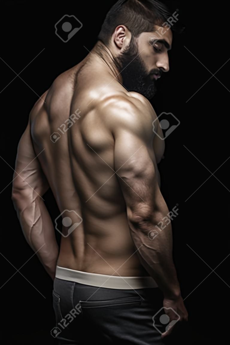 fuerte mans beardy atlético espalda aislado sobre fondo negro