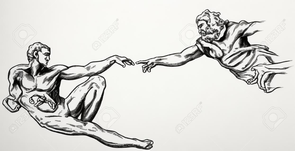 Creation of Adam hand drawn on white background