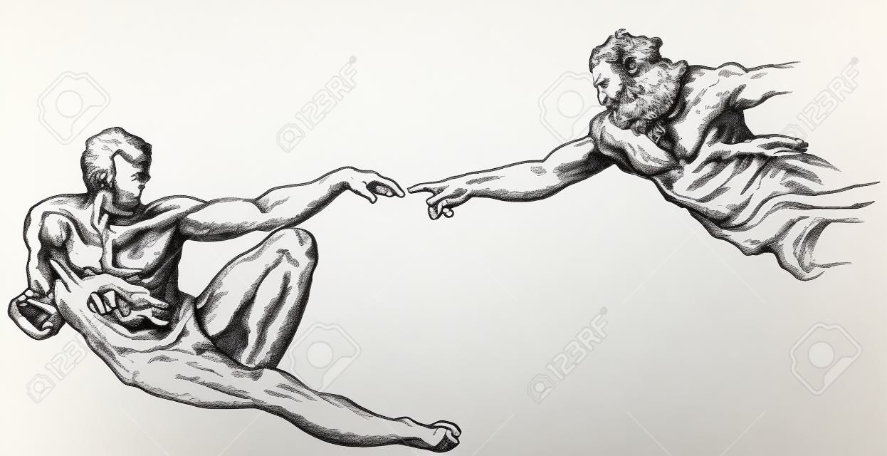 Erschaffung Adams Hand gezeichnet auf weißem Hintergrund