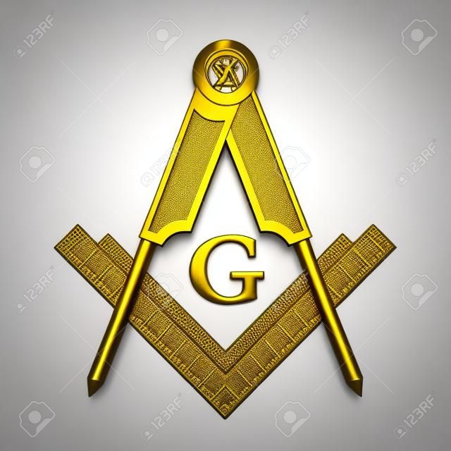Masonic Freemasonry Golden Square and Compass with G Letter Emblem Icon Logo Symbol on a white background. 3d Rendering