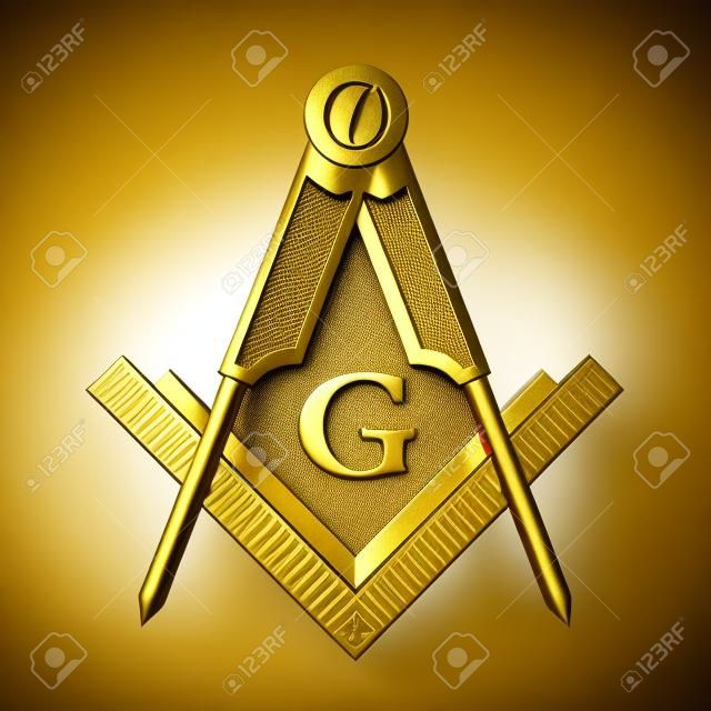 Masonic Freemasonry Golden Square and Compass with G Letter Emblem Icon Logo Symbol on a white background. 3d Rendering