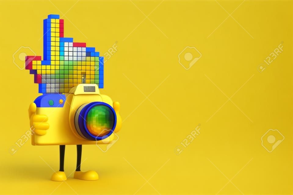 Carácter de persona de mascota de cursor de mano de píxeles con cámara fotográfica digital moderna sobre un fondo amarillo. representación 3d