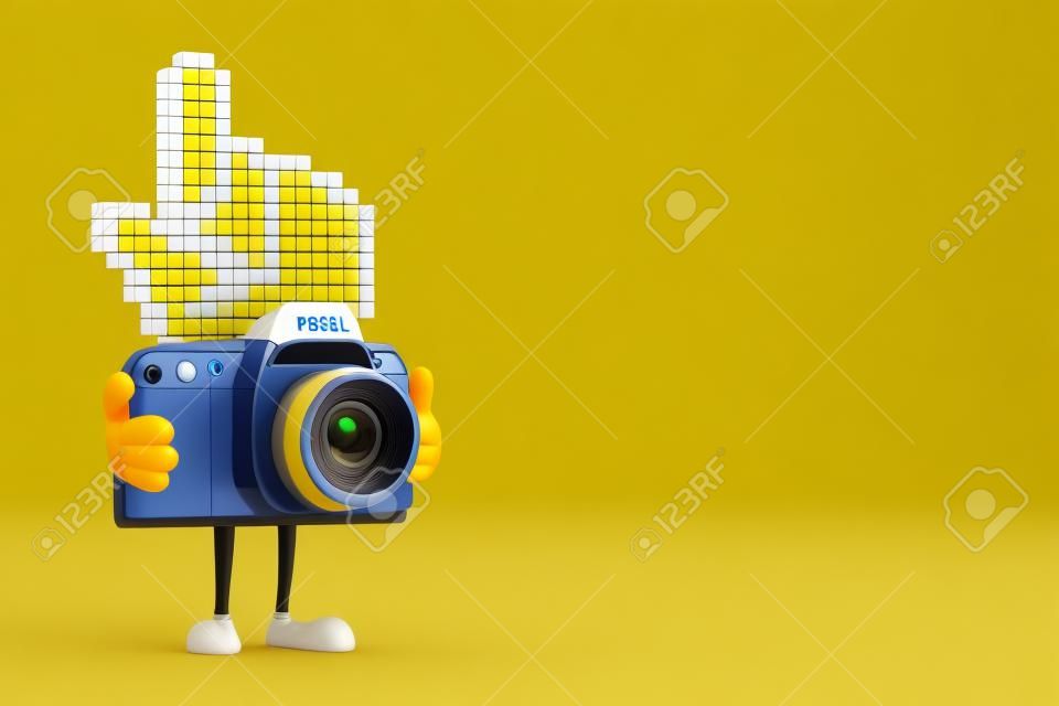 Carácter de persona de mascota de cursor de mano de píxeles con cámara fotográfica digital moderna sobre un fondo amarillo. representación 3d