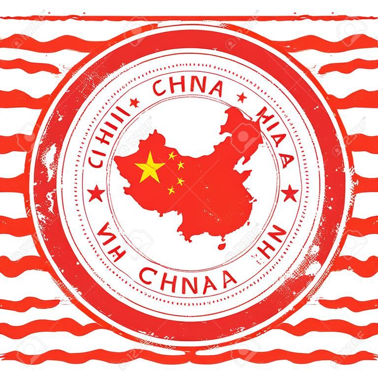 China map and flag in vintage rubber stamp of state colours. Grungy travel stamp with map and flag of China. Country map and flag vector illustration.