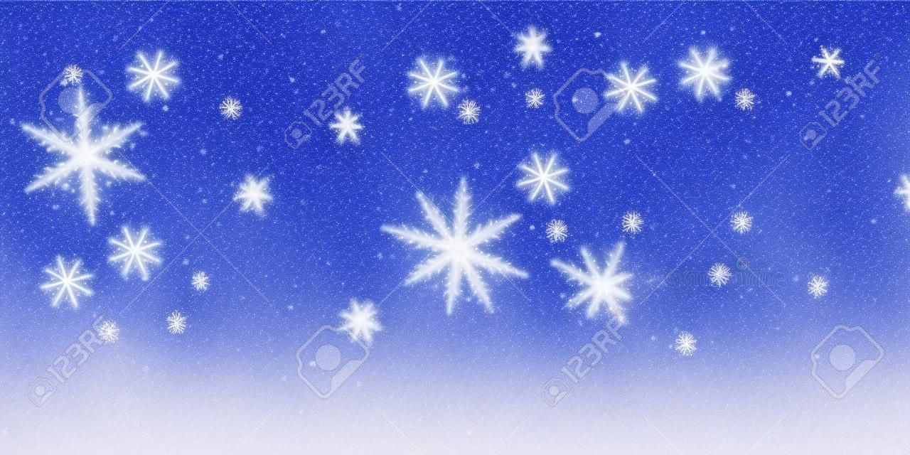 Stelle magiche Sfondo di Natale. Sottili fiocchi di neve volanti e stelle sullo sfondo del cielo notturno. Ammirabile modello di sovrapposizione del fiocco di neve d'argento invernale. Illustrazione vettoriale ottimale.