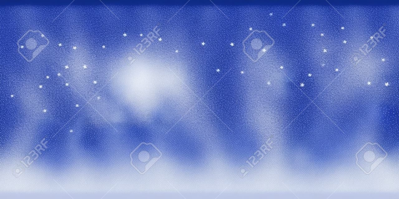 Stelle magiche Sfondo di Natale. Sottili fiocchi di neve volanti e stelle sullo sfondo del cielo notturno. Ammirabile modello di sovrapposizione del fiocco di neve d'argento invernale. Illustrazione vettoriale ottimale.