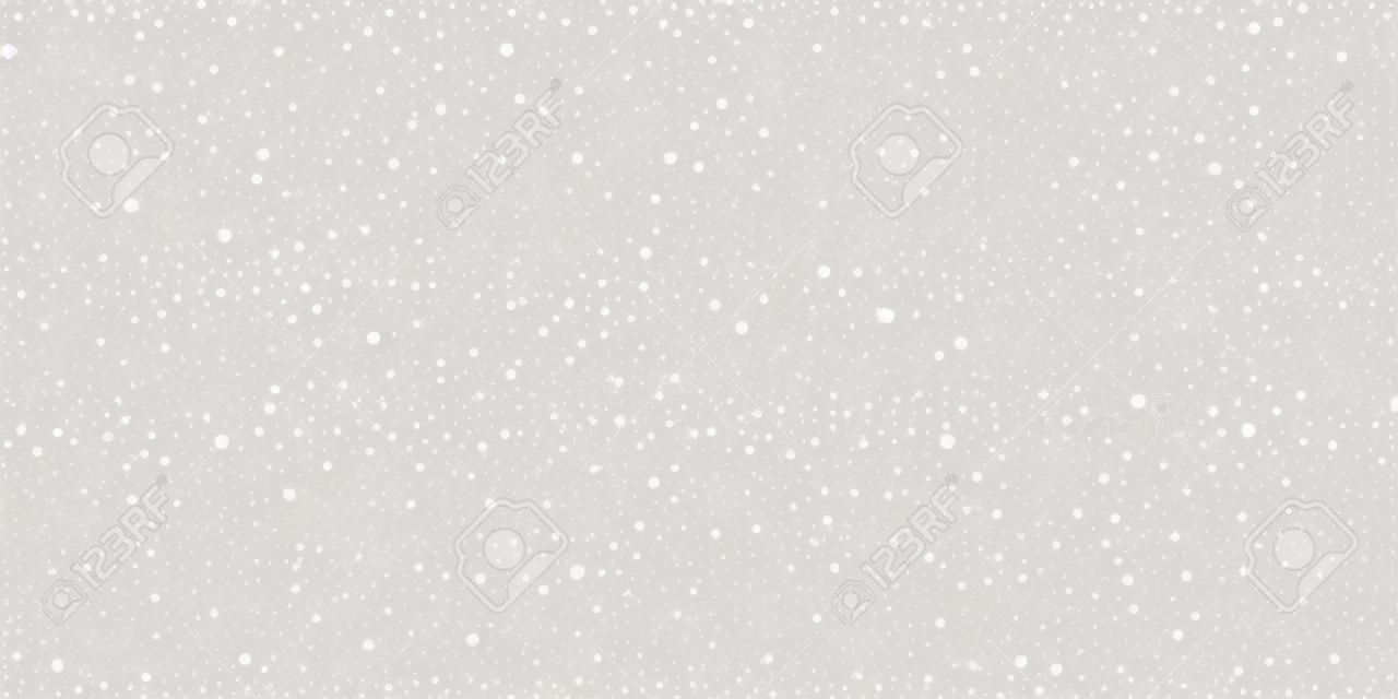 임의의 흰색 점 크리스마스 배경입니다. 밝은 회색 배경에 미묘한 날아다니는 눈 조각과 별. 매력적인 겨울 은색 눈송이 오버레이 템플릿입니다. 뛰어난 벡터 일러스트 레이 션.