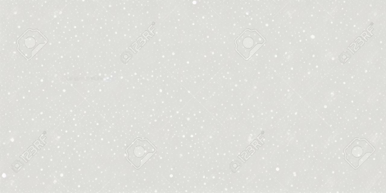 Random white dots Christmas background. Subtle flying snow flakes and stars on light grey background. Attractive winter silver snowflake overlay template. Outstanding vector illustration.