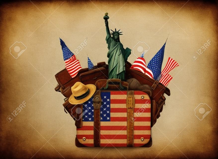 USA, szüreti bőrönd az amerikai zászlóval és tereptárgyakkal