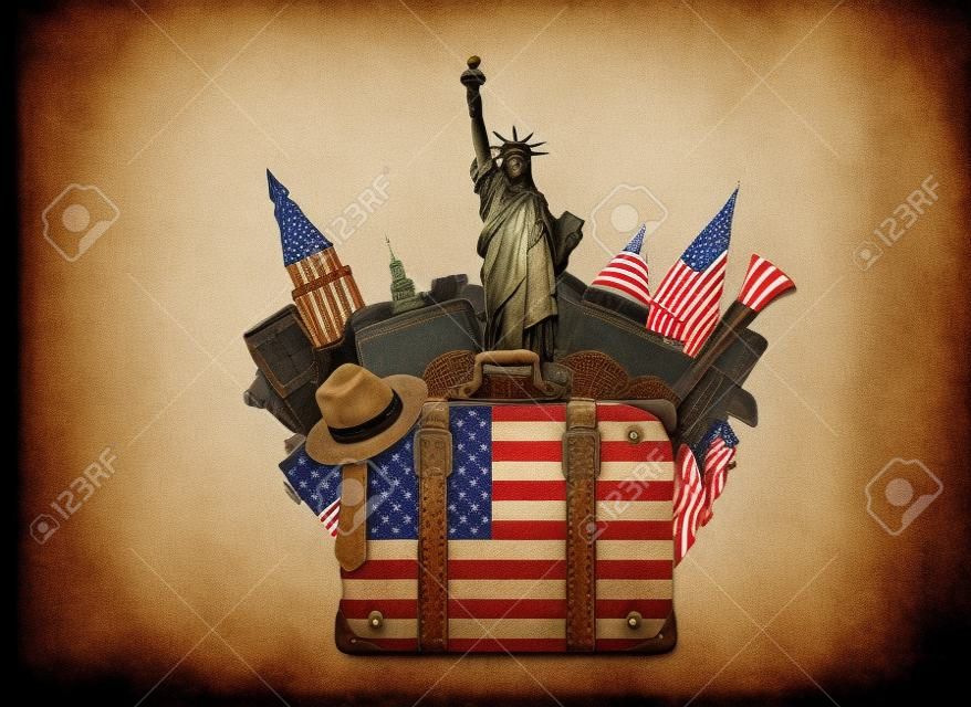 USA, szüreti bőrönd az amerikai zászlóval és tereptárgyakkal