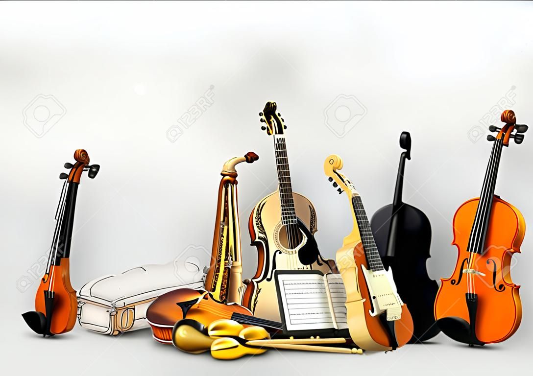 Instrumentos musicais, orquestra ou uma colagem de música