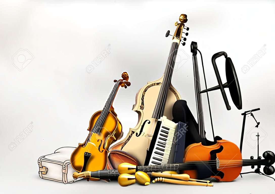 Instrumentos musicais, orquestra ou uma colagem de música