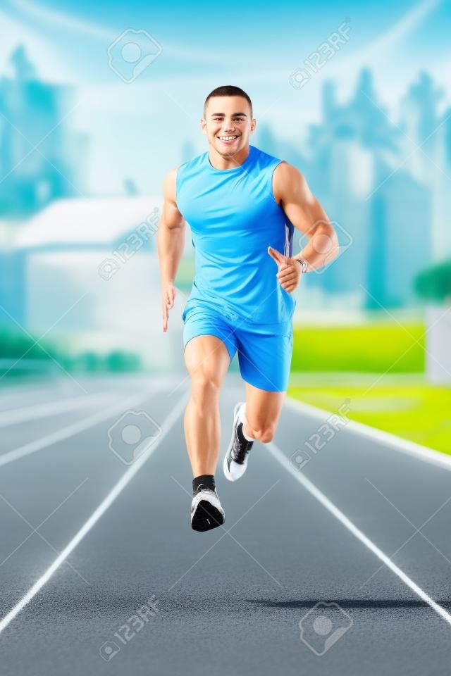 在競技體育比賽賽道年輕健康的人跑排序和速度的代表概念
