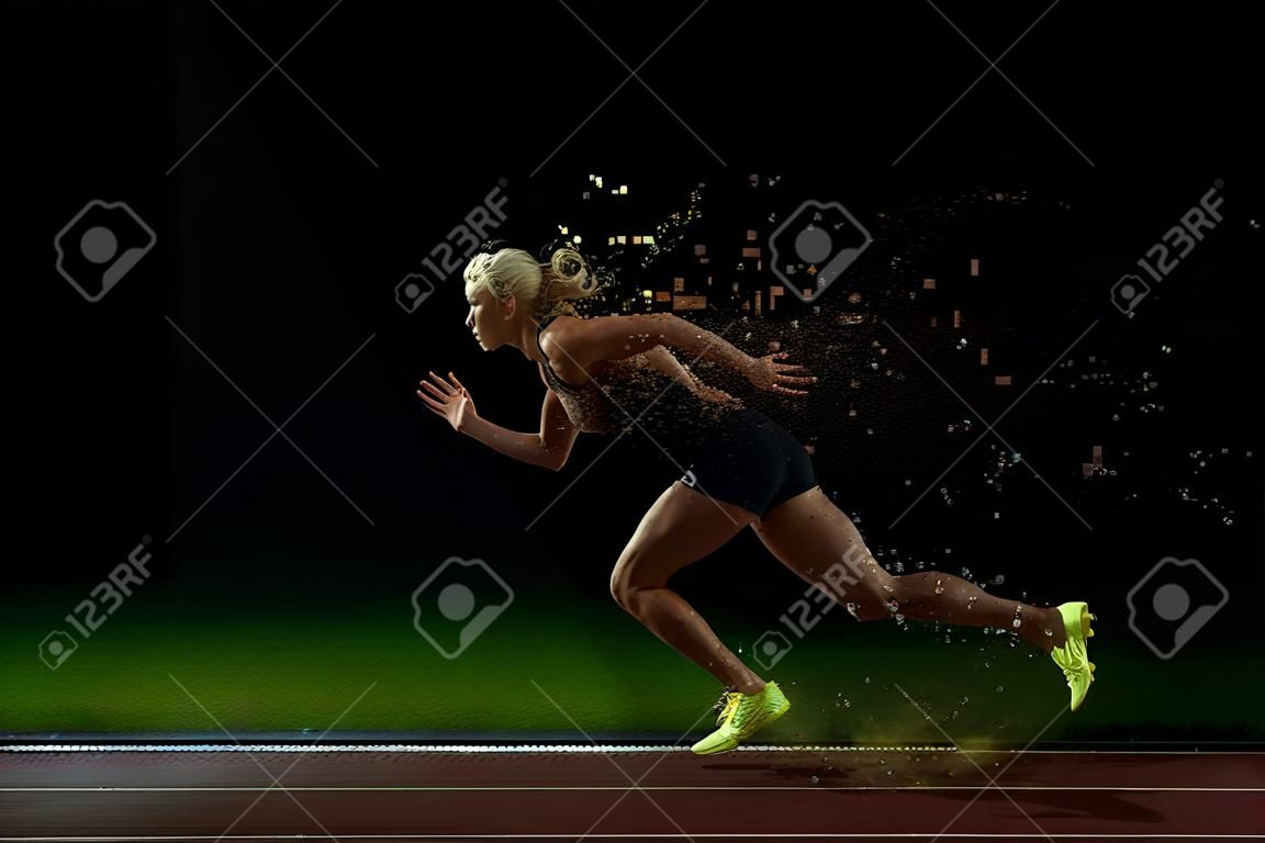 女子短跑运动员离开出发跑道侧面爆炸启动块的像素化的设计