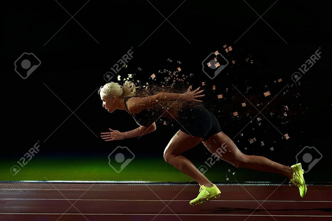 design pixelado da mulher velocista deixando blocos iniciais na pista atlética. Vista lateral.