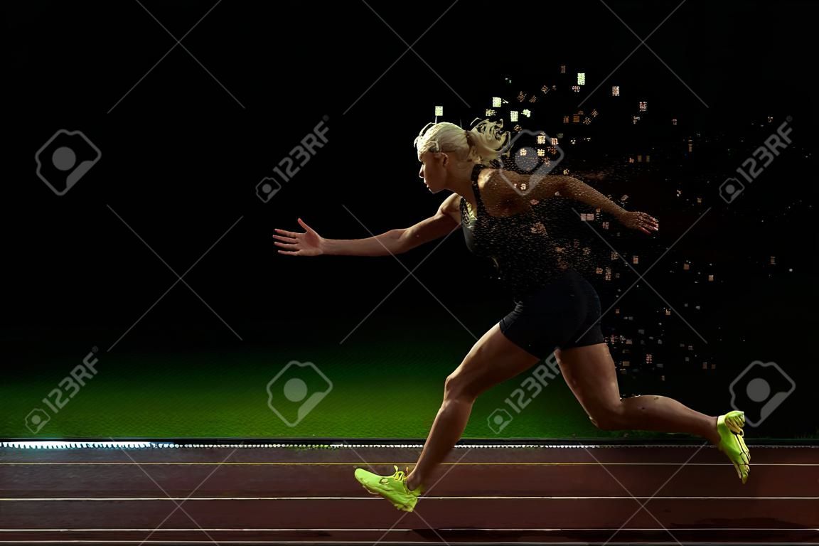 design pixelado da mulher velocista deixando blocos iniciais na pista atlética. Vista lateral.