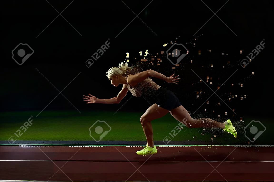 女子百米飛人離開起跑器上的田徑跑道的像素化的設計。側視圖。爆炸開始
