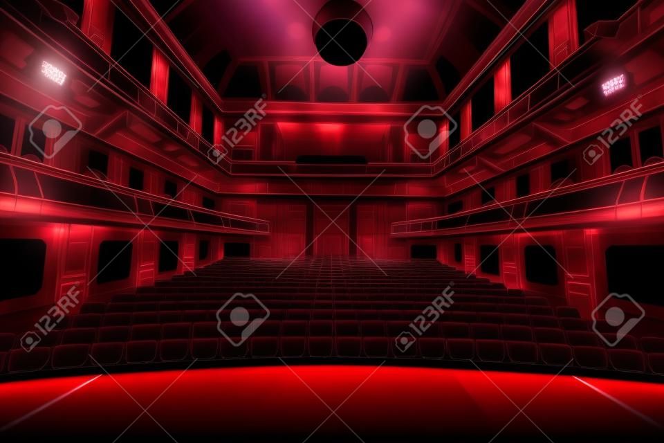 Cortina de la etapa vacía del teatro con las luces dramáticas
