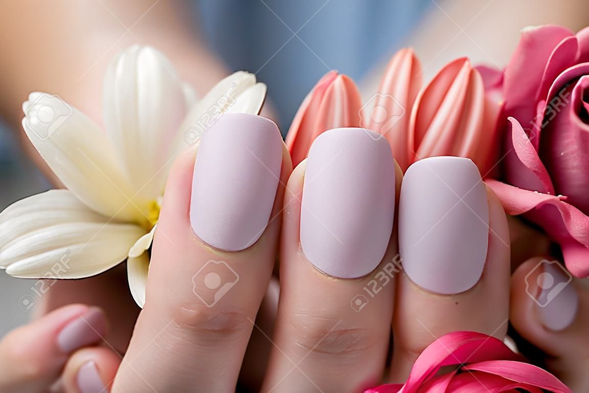 Piękna delikatna kobieta ręce z manicure trzyma kwiat z bliska