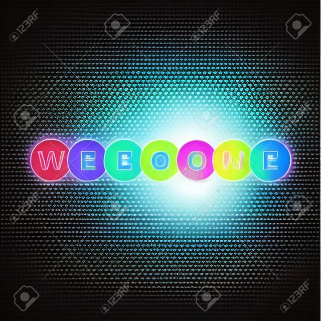 Das Wort Willkommen. Vektorfahne mit dem grafischen Text des Kreises farbiger Regenbogen