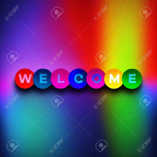 Das Wort Willkommen. Vektorfahne mit dem grafischen Text des Kreises farbiger Regenbogen
