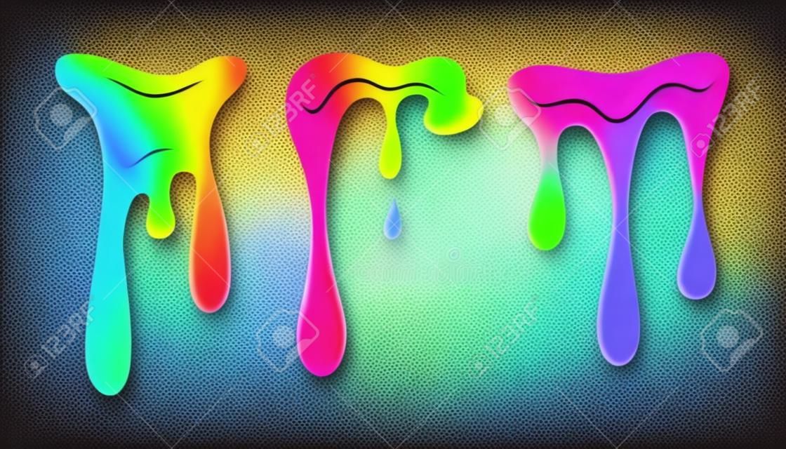 Set di gocciolamenti di melma arcobaleno su uno sfondo trasparente. Illustrazione vettoriale colorata Giocattolo per bambini. Muco di illustrazione vettoriale, vernice, melma, snivels, gomma da masticare, liquido