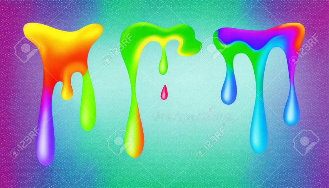 Set di gocciolamenti di melma arcobaleno su uno sfondo trasparente. Illustrazione vettoriale colorata Giocattolo per bambini. Muco di illustrazione vettoriale, vernice, melma, snivels, gomma da masticare, liquido