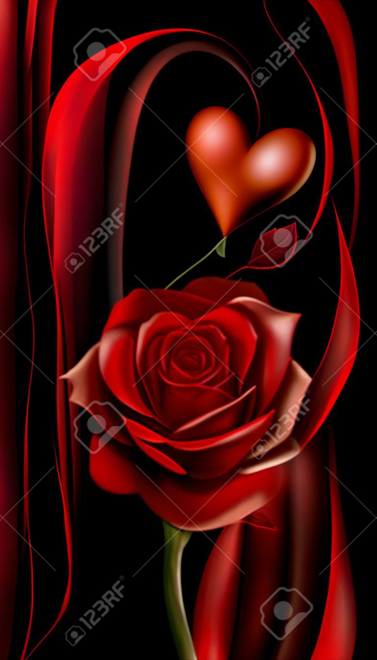 red rose and heart on a dark red against a black background