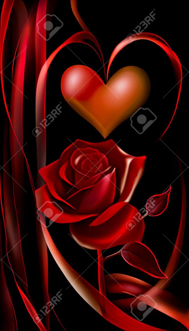 赤いバラと黒い背景に対して暗い赤の心