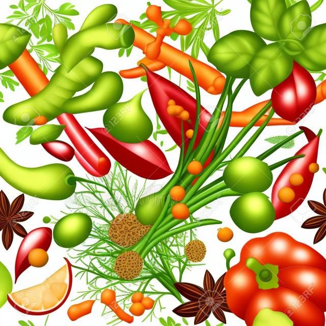 Aromatic different spices and herbs on a transparent background. Vector illustration