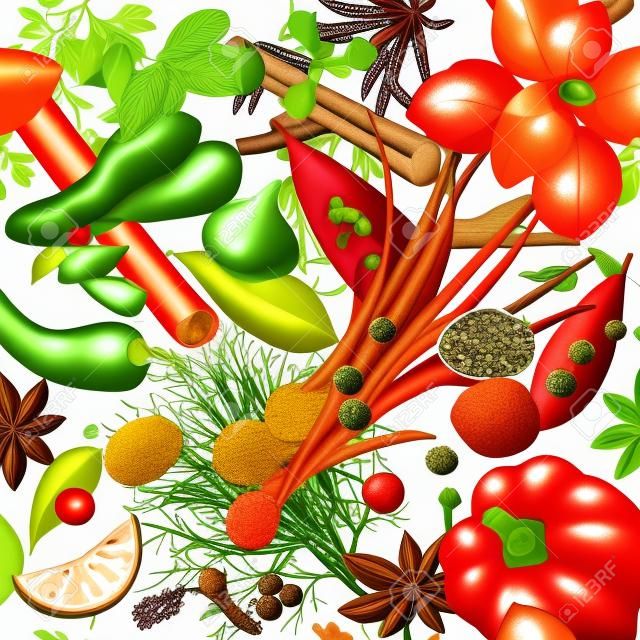 Aromatic different spices and herbs on a transparent background. Vector illustration