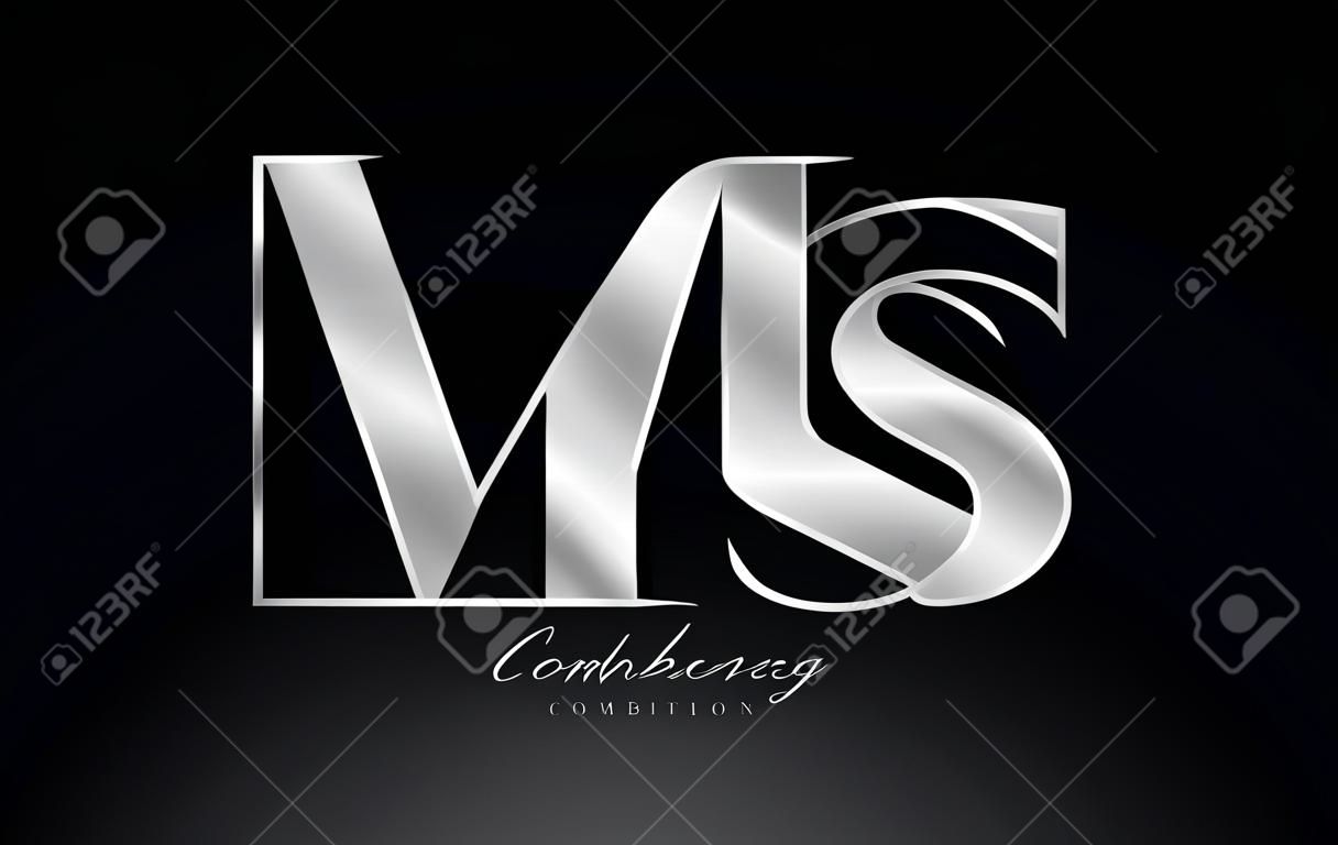 lettera d'argento ms m s combinazione di metallo alfabeto logo icona design con colore grigio su sfondo nero adatto per un'azienda o impresa