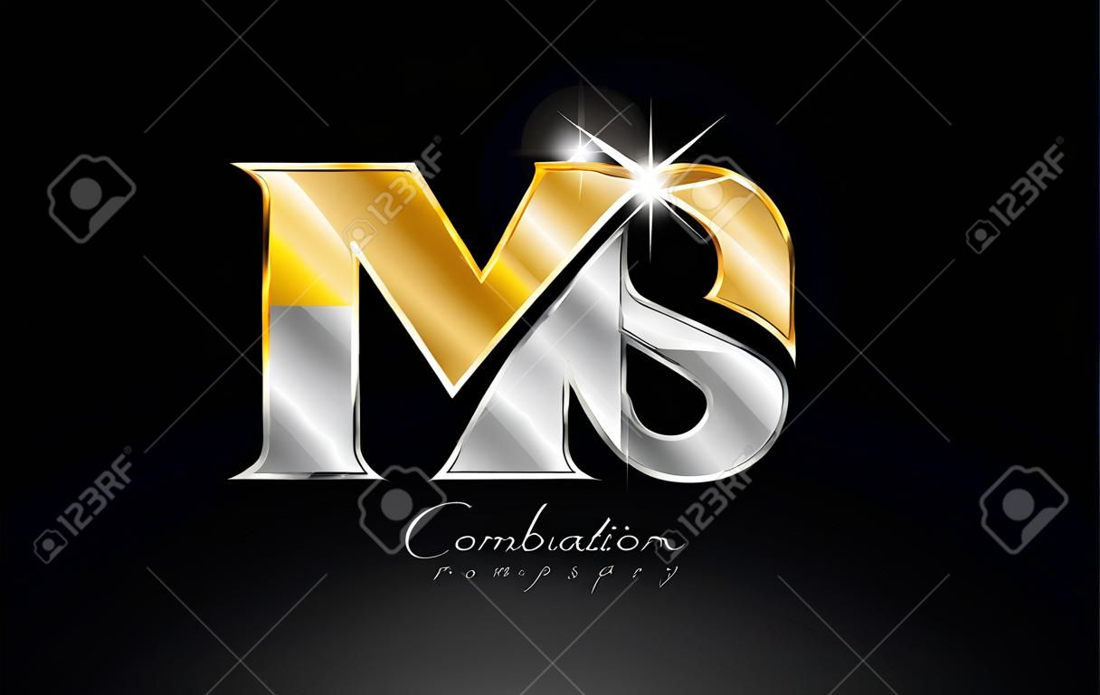 kombinacja litery ms alfabet logo ikona designu ze złotym srebrnoszarym metalem na czarnym tle odpowiednia dla firmy lub firmy