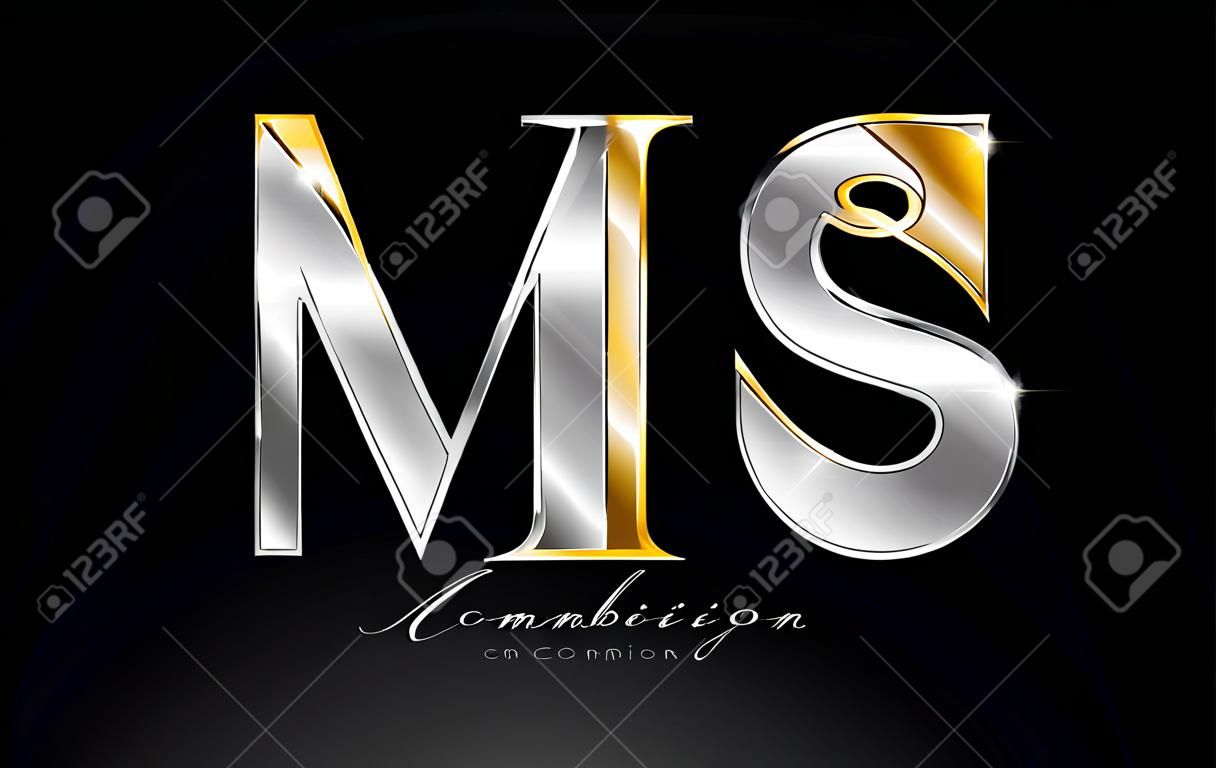 Combinaison lettre ms ms alphabet icône logo design avec métal gris argent or sur fond noir adapté à une société ou entreprise