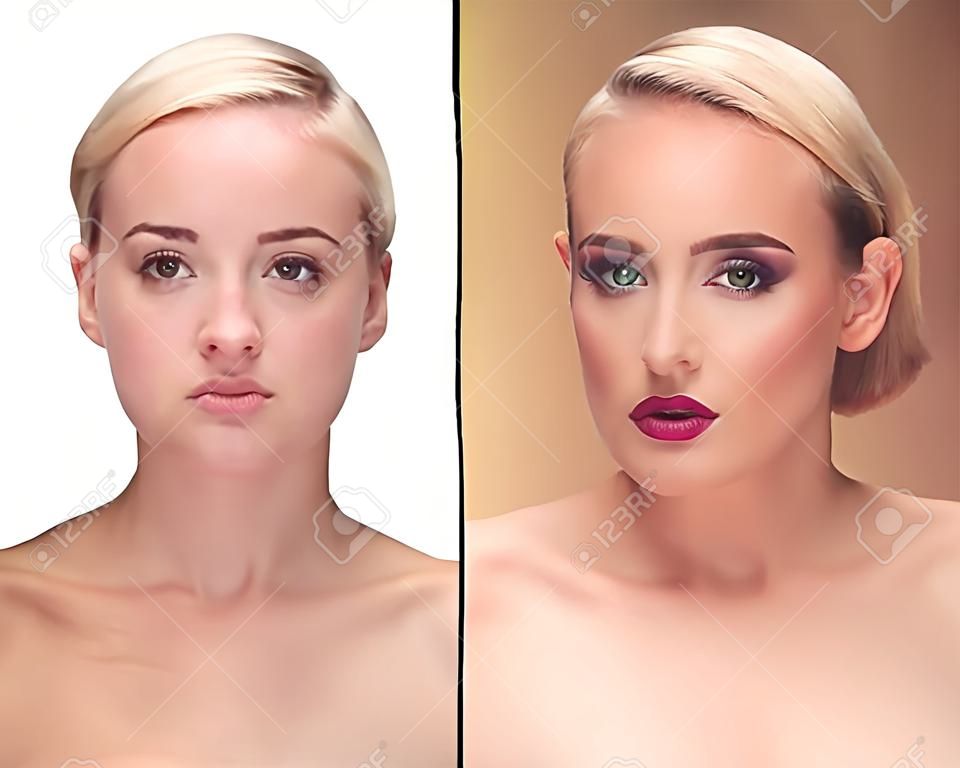 Коллаж до и после макияжа. Та же девушка. Студийная съемка. На белом фоне. Макияж искусство. Чистая кожа