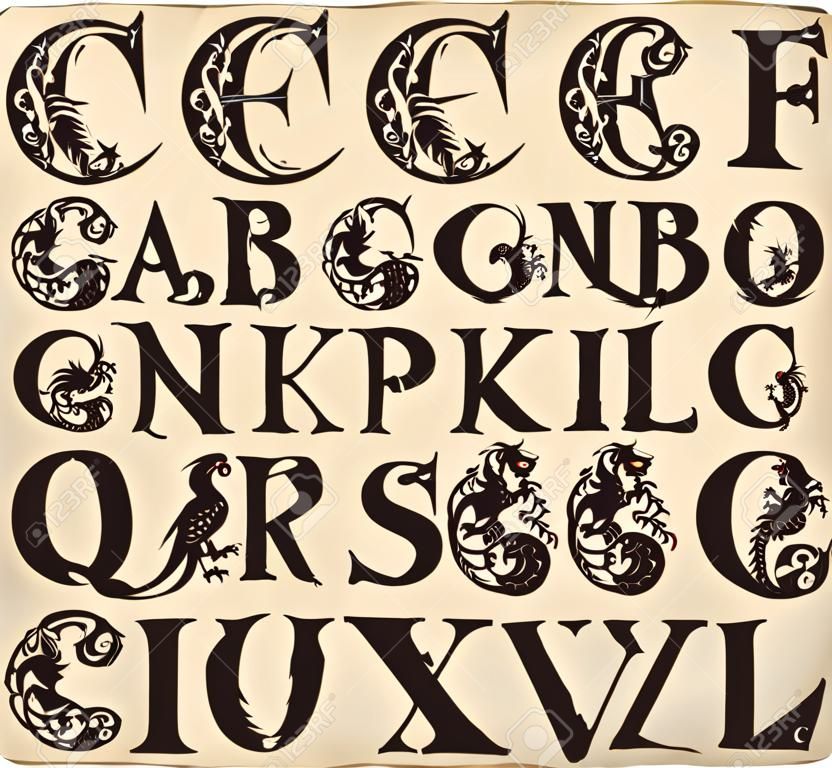 alfabeto gotico con gargoyls in stile medievale