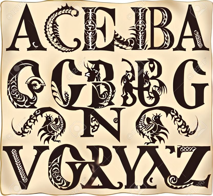 alphabet gothique avec gargoyls dans un style médiéval